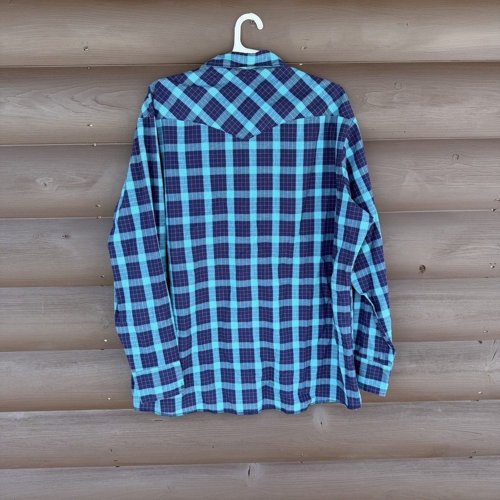 Vntg Wrangler Wrancher Mens Sz 2XL Blue Plaid Long Sleeve Pearl Snaps Western - Picture 4 of 7